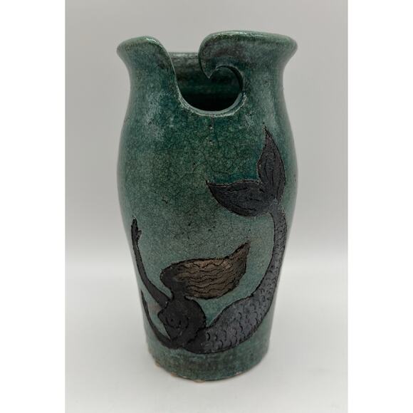 Raku Studio Art Pottery Teal Glazed Mermaid Vase 8” Signed Made in Maui Hawaii - Picture 1 of 16